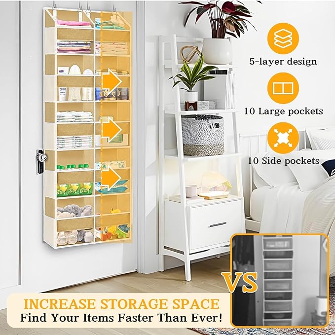 Over the Door Organizer 5 Tiers,Extra Large Behind Door Storage of 10 Compartments,80 lbs Weight Capacity Over the Door Stora