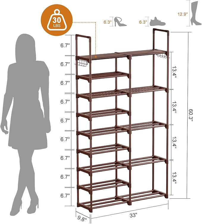 WOWLIVE 9 Tiers Large Shoe Rack Brown Shoe Rack Organizer for Closet 30-35 Pairs Stackable Heavy Duty Shoe Shelf Shoe Storage