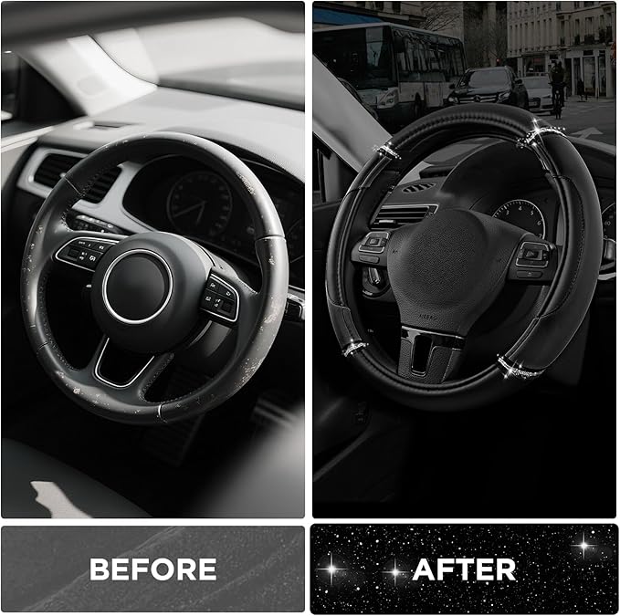 Road Comforts Leather Steering Wheel Cover - Made with PVC Leather - Anti-Slip, Universal Fit 14 1/2 inches to 15 inches - Bl