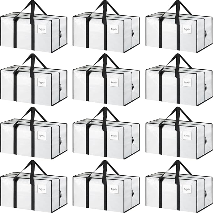 12 Pack Extra Heavy Duty Large Moving Bags with Strong Zipper & Comfortable Handles, Sturdy & Durable Clothes Storage Bags To