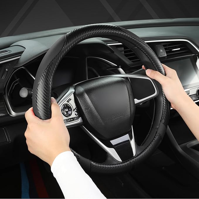 West Llama Carbon Fiber Car Steering Wheel Cover for Honda,Anti-Slip, Full Surround Breathable Leather Auto Protector(Black o