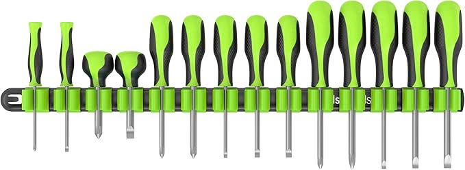 Olsa Tools Premium Wall-Mount Screwdriver Organizer - Black Nylon with Neon Green Clips - Holds 14 Screwdrivers - Part: 1031