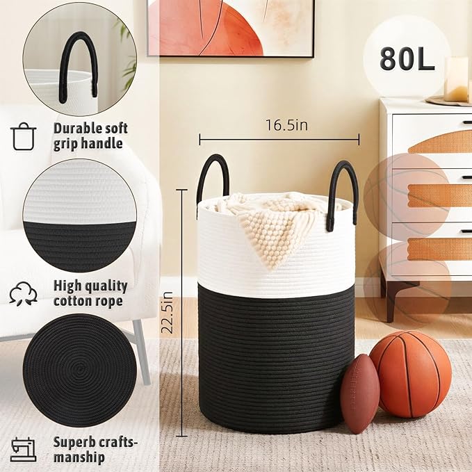 Artfeel Laundry Basket,Woven Cotton Rope Laundry Hamper,80L for Decorative Storage of Dirty Clothes,Toys and Blankets in Bath