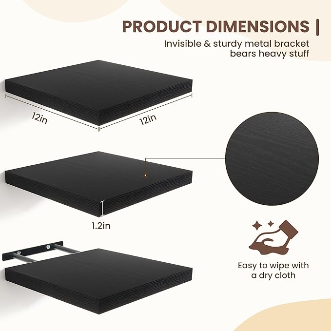 Fun Memories Floating Shelves for Wall - 12 Inch Square Shelves with Invisible Brackets, Black Small Wall Shelf for Living Ro