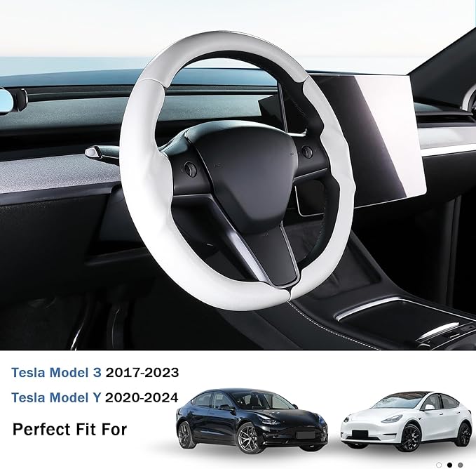 Steering Wheel Cover for 2017-2023 Tesla Model 3 2020-2024 Tesla Model Y, Leather Steering Wheel Cover for Tesla Model 3/Y Accessories, White