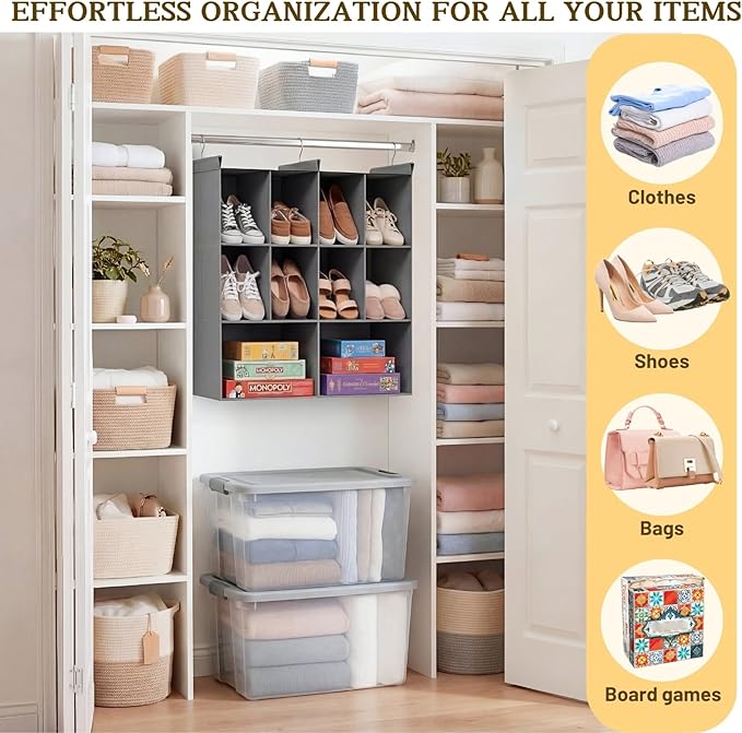 Ofiray-home 3 Tier Hanging Closet Organizer, 10 Compartments Sweater Organizer for Closet with 3 Sturdy Hooks, Closet Organiz