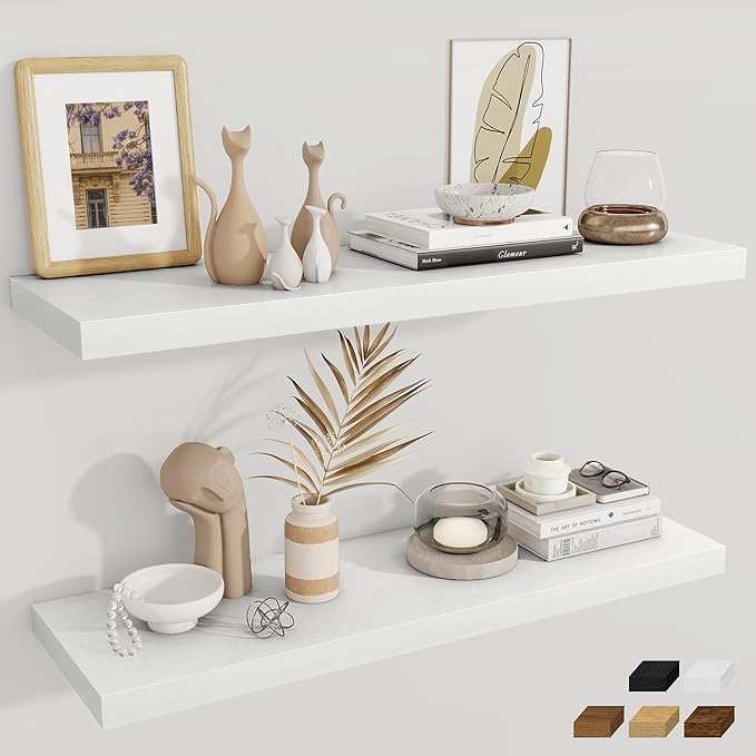 Fun Memories 12 Deep Floating Shelves, 40W x 12D Floating Shelves for Wall Set of 2, Extra Deeper Hanging Wood Shelves for Wa