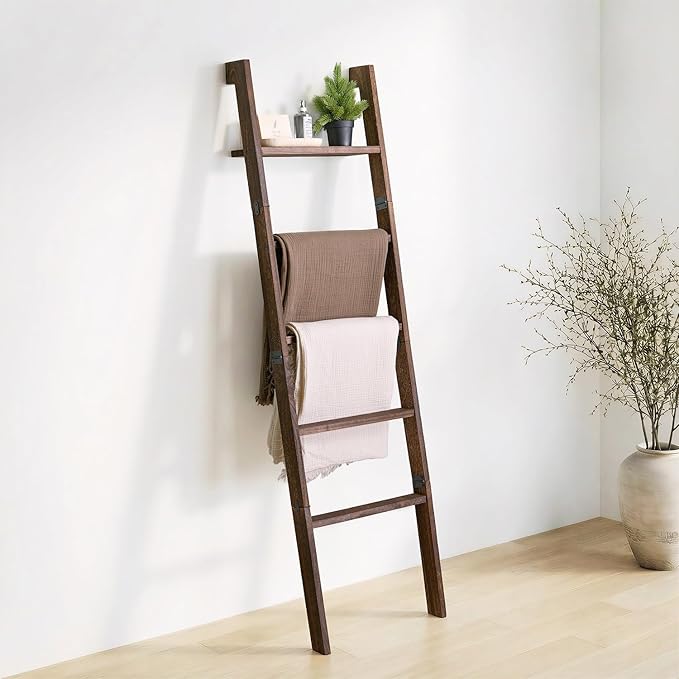 Blanket Ladder with Top Shelf, 5-Tier Wood 64” Decorative Ladder for Living Room Throws, Bedroom Quilt, Bathroom Towel & Toil