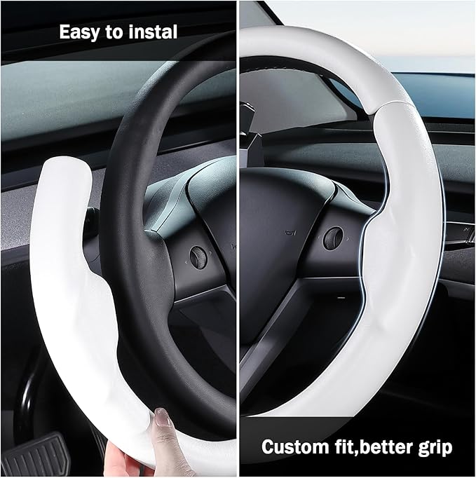 Steering Wheel Cover for 2017-2023 Tesla Model 3 2020-2024 Tesla Model Y, Leather Steering Wheel Cover for Tesla Model 3/Y Accessories, White