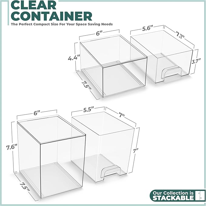 Sorbus Acrylic Storage Containers - 2 Pack, Stackable Storage Bins Set for Bathroom Organization - Clear Acrylic Drawer Organ