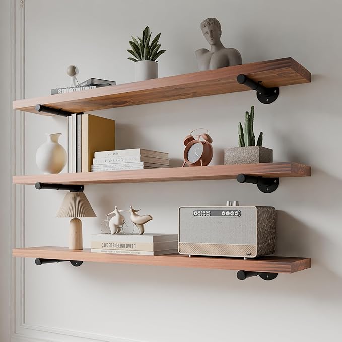 Industrial Pipe Wall Wood Shelves,Real Wooden Shelves 36" in Walnut Color with 1.2" Extra Thickness, Modern Floating Shevles