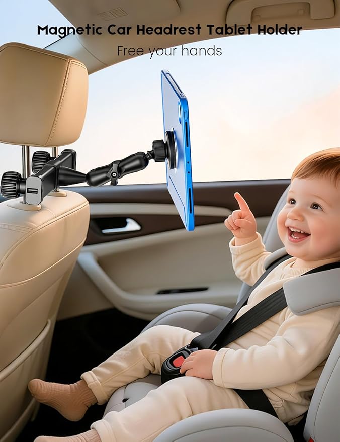 OHLPRO Magnetic Headrest Tablet Holder with 360° Adjustable Arm for Car Back Seat iPad Mount Fit for Magsafe Phones Tablet iPad Pro Air Mini Galaxy Tab and Devices, Road Trip Essentials for Kids