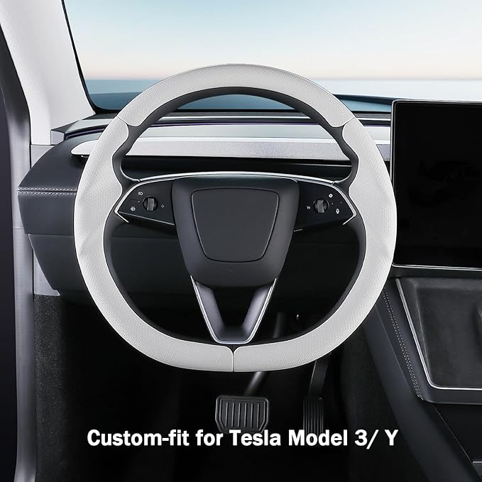 Steering Wheel Cover for Tesla Model 3 2024-Present Highland/Tesla Model Y Juniper 2025-Present, Leather Steering Wheel Cover for Tesla Model 3 Highland/Y Juniper Accessories, White