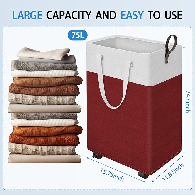 HomeHacks 75L Rolling Laundry Basket with Wheels, Collapsible & Waterproof Laundry Hamper, Mobile Clothes Hamper, Storage Lau