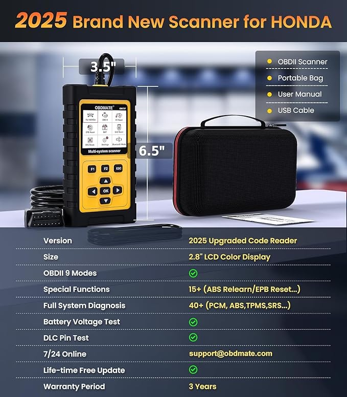OM707 OBD2 Scanner for Honda Acura, Full Systems Diagnostic Tool, 15 Popular Reset Services, Auto VIN, Battery Test, One-Key