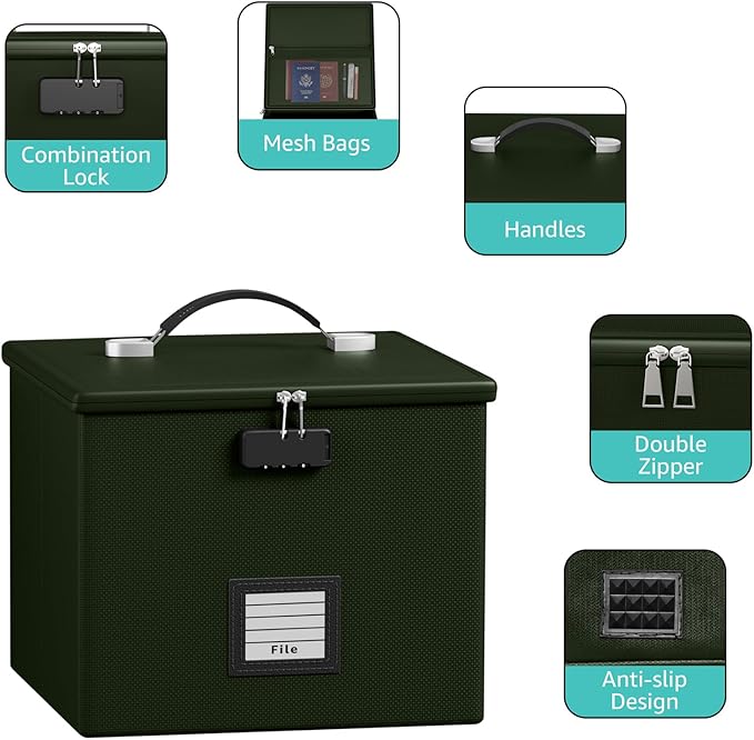 Army Green Fire Proof File Box for Documents - Portable Fireproof Document Organizer Box with Handle Waterproof Safe Locking 
