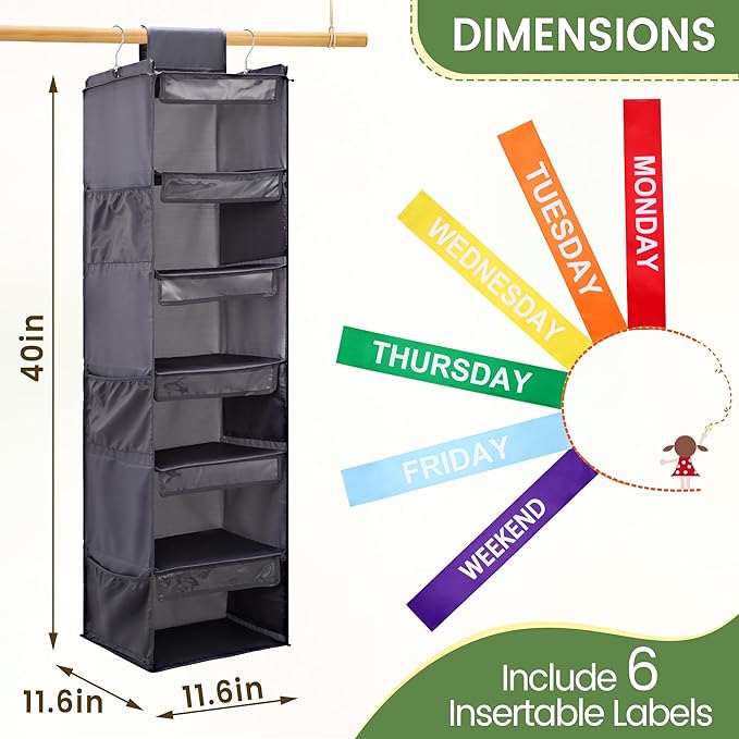 2 Pack 6-Shelf Weekly Clothes Organizer for Kids, Hanging Daily Closet Organization with 6 Side Pockets, Days of The Week Clo