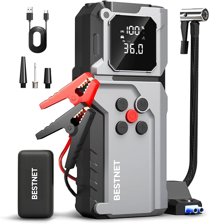 Q27 Jump Starter with Air Compressor, 3000A Portable Car Battery Booster, 150PSI Tire Inflator, Jumper Cables with LED Light, 12V Jump Box for Up to 7.0L Gas & 5.0L Diesel Engines