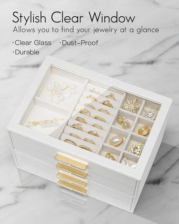 Vlando Jewelry Box for Women, Glass Lid Jewelry Organizer with 4 Drawers for Necklaces Rings Earrings Bracelets Christmas Gif