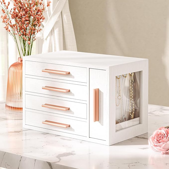 HOOBRO Jewelry Box for Women, Wooden Jewelry Organizer with Transparent Window, 4-Layer Jewelry Organizer Box, Jewelry Holder