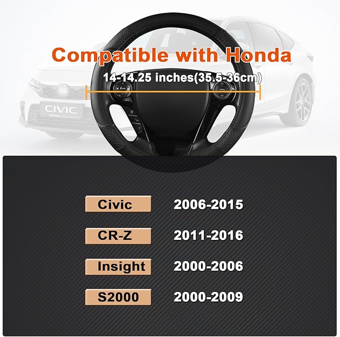 GIANT PANDA Steering Wheel Cover for Honda Civic(2006-2015),CR-Z, Insight, S2000 (Black-Small Size)