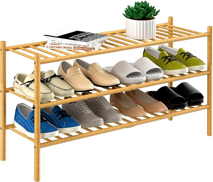 ROMGUAR CRAFT 3-Tier Bamboo Long Shoe Rack, Free Standing Wood Shoe Shelf Storage Organizer for Closet Entryway Stackable 35"