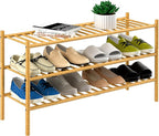 ROMGUAR CRAFT 3-Tier Bamboo Long Shoe Rack, Free Standing Wood Shoe Shelf Storage Organizer for Closet Entryway Stackable 35"