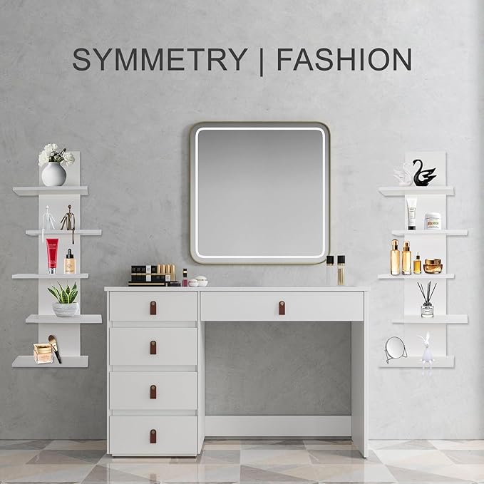 5 Tier Wall Shelf Unit-White Floating Shelves for Home Decor, Modern Unique Asymmetric Design for Bedroom & Living Room Stora