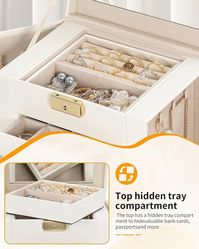 AKOZLIN 4-Tier Jewelry Box Leather Jewelry Storage Organizer with 3 Drawers Lockable for Women Girls Ring Necklace Earring Br