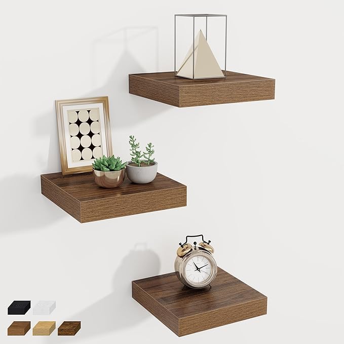 Fun Memories Small Floating Shelves for Wall - 8 Inch Square Wall Shelves with Invisible Brackets, Walnut Shelves for Bathroo