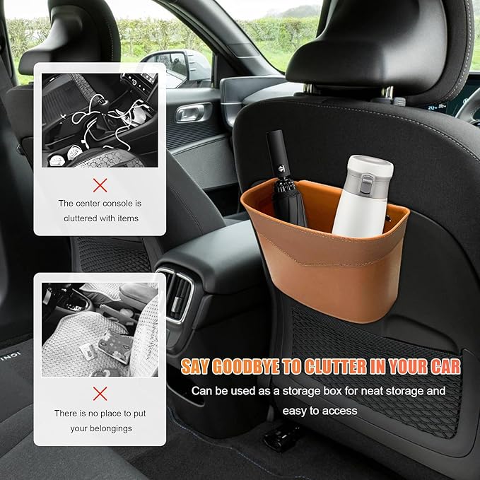 Car Trash Can, Mini Auto Garbage Bin Multipurpose Storage Container with Slot Clip, Waterproof Leather Small Dustbin Interior Accessories for Vehicle Door Front Back Seat (Beige)