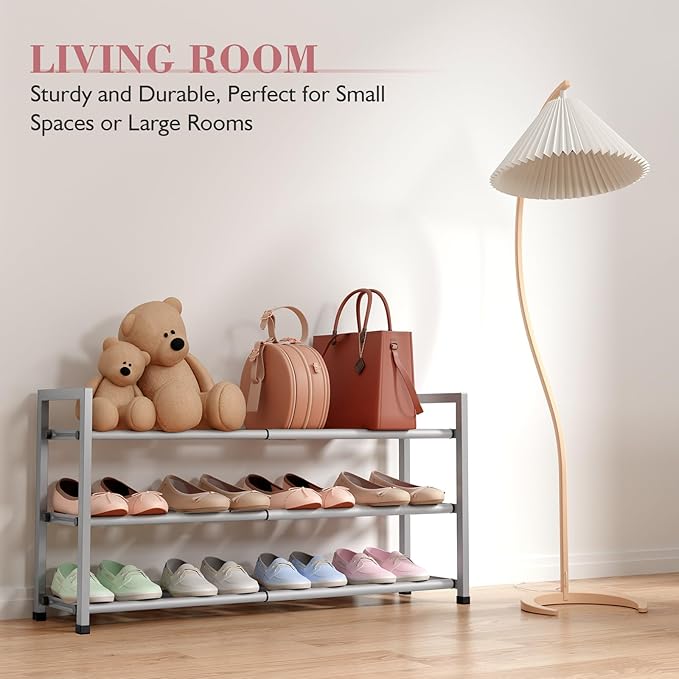 Bumusty 3-Tier Expandable Shoe Rack for Closet, 18“-33” Adjustable Shoe Rack for Small Space, Small Shoe Organizer for Front 