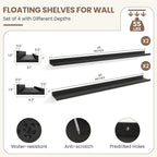 Fun Memories Picture Ledge Shelf, Black Floating Shelves Set of 4, 48 Inch Picture Shelves for Wall with Ledge, Large Nursery