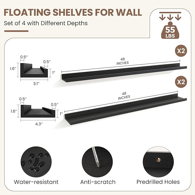 Fun Memories Picture Ledge Shelf, Black Floating Shelves Set of 4, 48 Inch Picture Shelves for Wall with Ledge, Large Nursery
