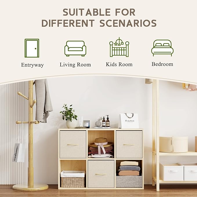 EXPERLAM 6 Cube Storage Organizer - Solid Wood Bookshelf with 3 Storage Bins, Cube Shelf with 2 Removable Back Panels, Vertic