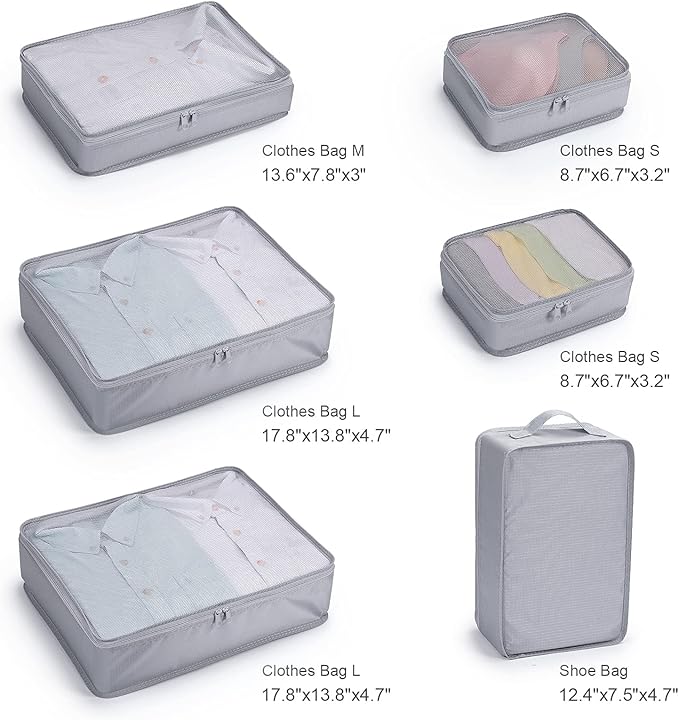 Mossio 6 Set Packing Cubes with Shoe Bag - Lightweight Travel Luggage Suitcase Organizers