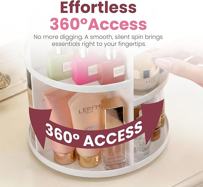 Masirs 360 Rotating Makeup Organizer for Vanity, Adjustable Shelf Height, Large Capacity Cosmetic and Skincare Storage, Lazy 