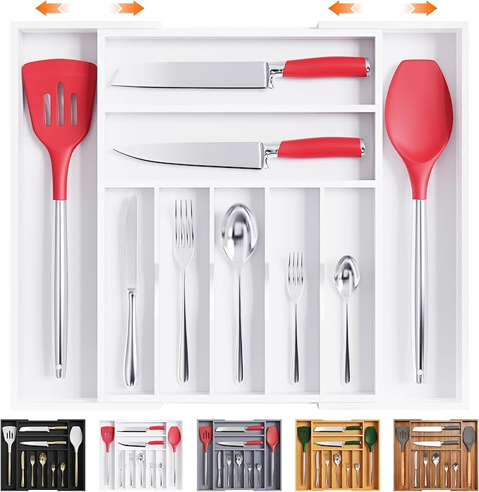 Bellsal Large Premium Bamboo Silverware Organizer - Expandable Utensil Drawer Organizer - 17"x19.6" Utensil Holder and Cutler