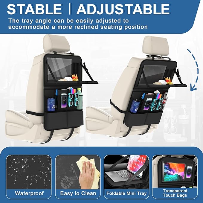 2 Pack Backseat Car Organizer with Tray, 11 Pocket Car Storage with Tablet Holder & Detachable Top for Steering Wheel, Road Trip Essentials Travel, Protector Kick Mats for Kids