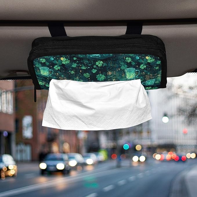 Car Tissue Holder Car Visor Organizer Tissue Box Holder for Car Sun Visor Organizer with Car Vehicle Accessories Essentials Interior for Women Men Teal Glowingmugs Clovers Lights St.Patrick