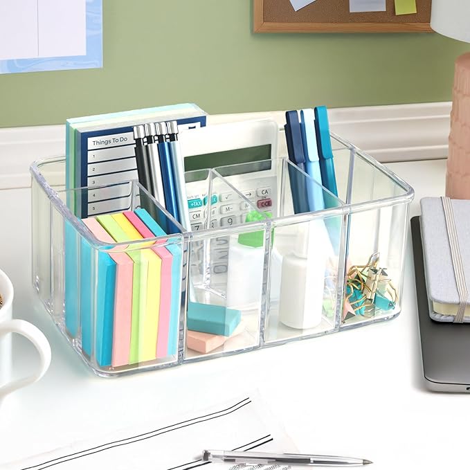STORi 5-Compartment Clear Plastic Organizer | Rectangular Divided Makeup and Vanity Storage Bin and Office Desk Caddy | Scall