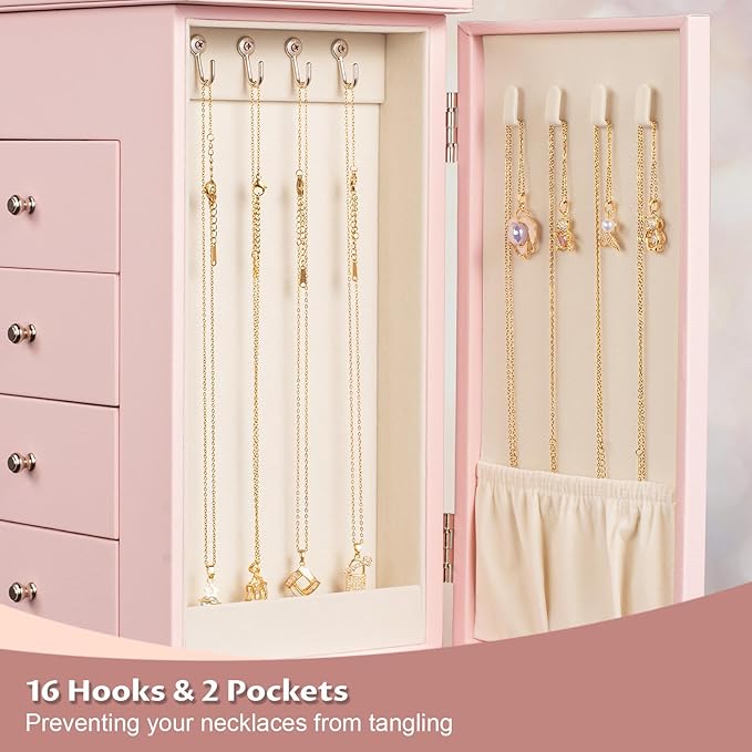 Emfogo Jewelry Boxes for Women, 5-Layer Large Leather Jewelry Organizer Box with Mirror and Drawers, Jewelry Storage for Neck