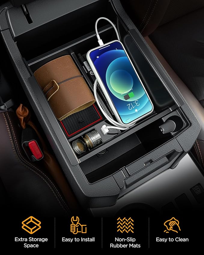 CarQiWireless Center Console Organizer Tray for Toyota 4Runner 2010-2020 2021 2022 2023 2024 5th Gen 4 Runner Accessories with USB Port Insert Armrest Box Secondary Storage Coin Change Holder Black