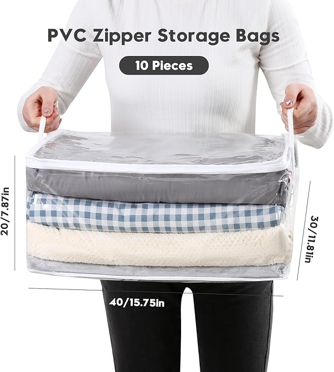 10 PCS Clear Zippered Storage Bags with Handle,Sweater Storage with Zipper,Foldable Closet Organizer Bed Sheet Organizer,Cube