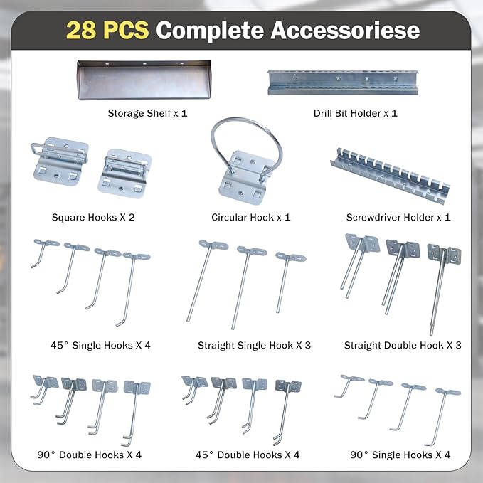 Goplus Garage Pegboard, Metal Pegboard Tool Organizer Kit with 3 Pegboards & 28 Pcs Hanging Accessories, Heavy Duty Wall Orga