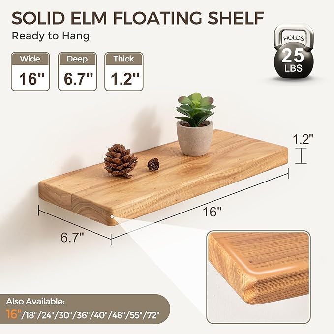 Fun Memories Floating Shelves for Wall, Rustic Wood Floating Shelf for Home Decor, Solid Elm Wood Wall Shelf Heavy-Duty Brack