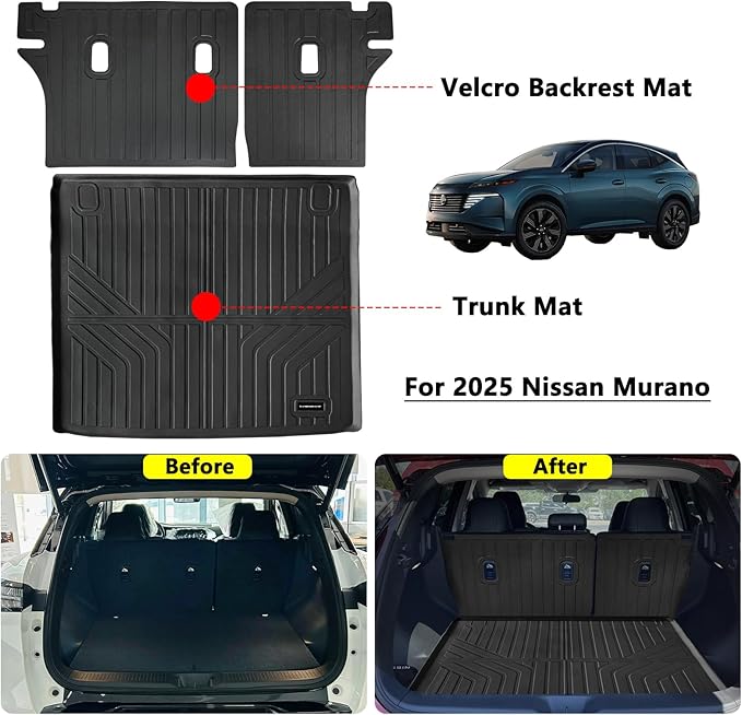 Trunk Mat & Backrest Mat for 2025 Murano TPE All Weather Protection Cargo Liner with Velcro Rear Seats Backrest