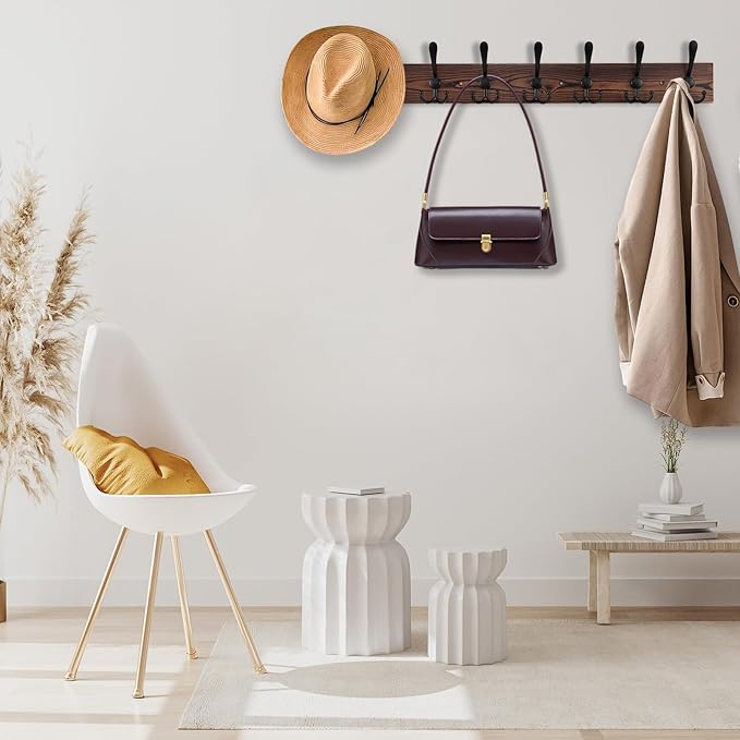 Kuhome 32.2'' Large Coat Rack Wall Mount Coat Hooks Coat Hanger with 8 Metal Black Triple- Hooks Brown Pine Real Wood Plank H