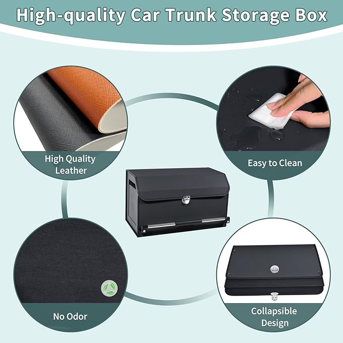 XCF Car Trunk Organizer, Leather Trunk Organizer for SUV with Lid and Sturdy Handle Car Storage Organizer (Black, 20.47 x 11.42