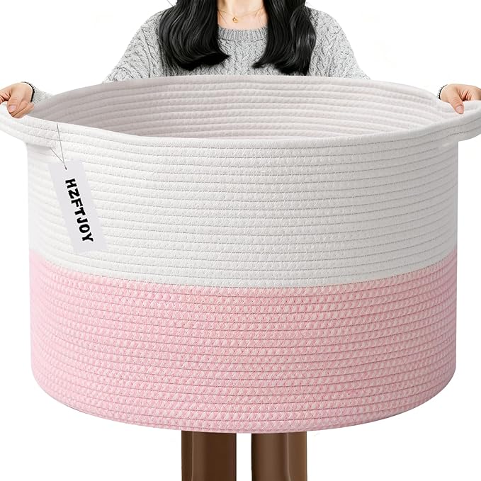 115L Extra Large Pink Woven Cotton Rope Basket with Handles, Kids Nursery Laundry Hamper for Toys, Blankets, Pillows & Comfor